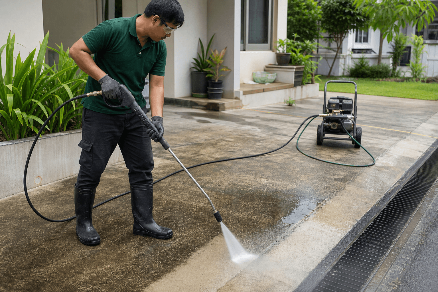 Waterjet cleaning on a residential driveway